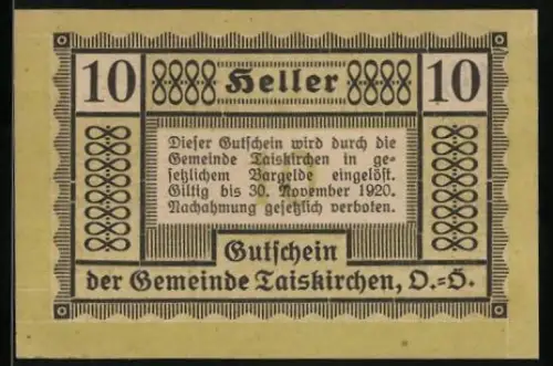 Notgeld Taiskirchen 1920, 10 Heller, Gutscheintext und Unterschriften der Gemeindevertreter