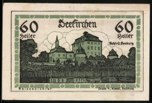 Notgeld Seekirchen 1920, 60 Heller, Schloss Seeburg, Wappen der Marktgemeinde