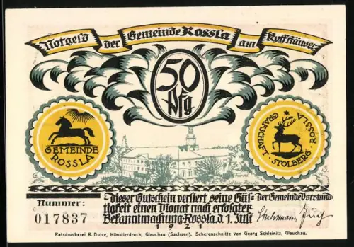 Notgeld Rossla 1921, 50 Pfennig, Stadtansicht und Silhouettenmotiv mit Reiter, Seriennummer 017837, Wappen inkludiert