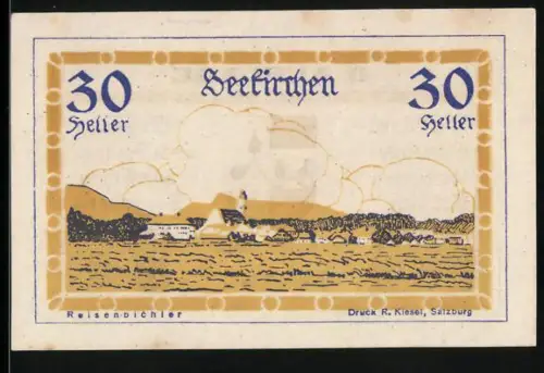 Notgeld Seekirchen 1920, 30 Heller, Landschaft mit Dorf und Kirche, Wappen und Text