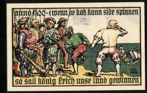 Notgeld Burg auf Fehmarn, 75 Pfennig, König Erich und Schiffsszene, Seriennummer 030036, Wappen