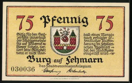 Notgeld Burg auf Fehmarn, 75 Pfennig, König Erich und Schiffsszene, Seriennummer 030036, Wappen
