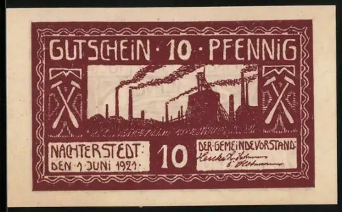 Notgeld Nachterstedt 1921, 10 Pfennig, Industrielandschaft mit Schornsteinen und Hämmerknechten