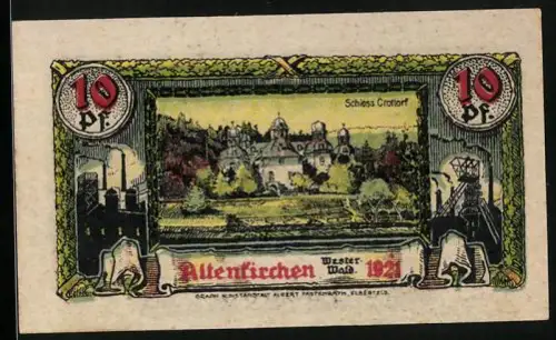Notgeld Altenkirchen 1921, 10 Pfennig, Schloss Crottorf, Seriennummer 195064, Wappen mit Löwen