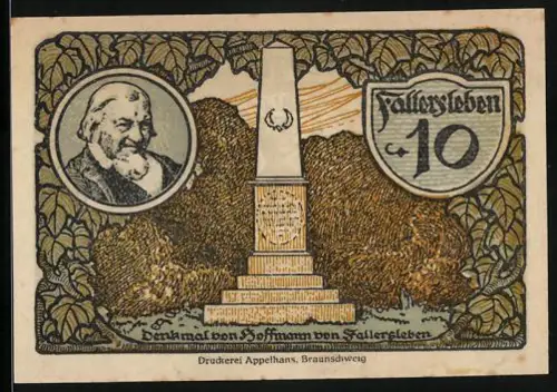 Notgeld Fallersleben 1921, 10 Pfennig, Denkmal von Hoffmann von Fallersleben, Löwenwappen