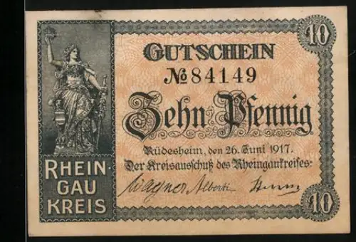 Notgeld Rüdesheim 1917, 10 Pfennig, Germania mit Schwert, Seriennummer 84149