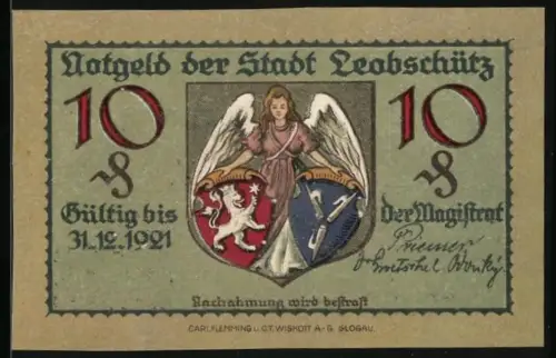 Notgeld Leobschütz 1921, 10 Pfennig, Engel mit Stadtwappen, Klosteransicht