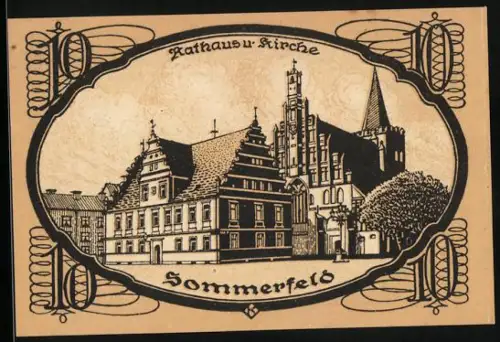 Notgeld Sommerfeld 1920, 10 Pfennig, Rathaus und Kirche, Wappen