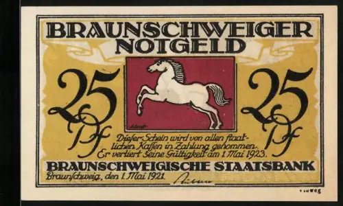 Notgeld Braunschweig 1921, 25 Pf, springendes Pferd und Till Eulenspiegel mit Eulen und Affen