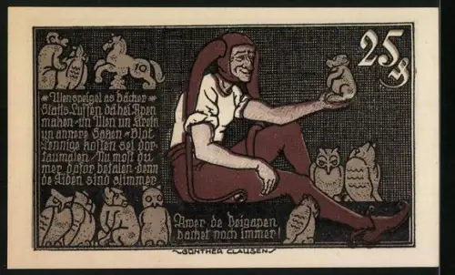 Notgeld Braunschweig 1921, 25 Pf, springendes Pferd und Till Eulenspiegel mit Eulen und Affen