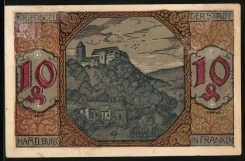 Notgeld Hammelburg 1918, 10 Pfennig, Burglandschaftsmotiv, Seriennummer 10551