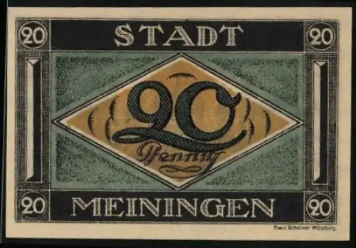 Notgeld Meiningen 1921, 20 Pfennig, Burgmotiv mit Stadtwappen und Datum 21. Juli 1921