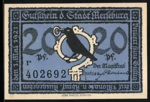 Notgeld Merseburg 1921, 20 Pf, Rabe auf Bischofsstab und Szene an Tür, Seriennummer 402692