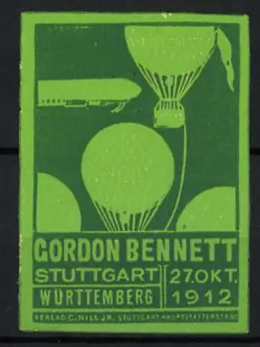 Reklamemarke Stuttgart, Gordon Bennett, Ballons & Zeppelin - Luftschiff, grün-hellgrün