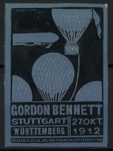 Reklamemarke Stuttgart Gordon Bennett 1912, Zeppelin Luftschiff und Ballons, schwarz-blau