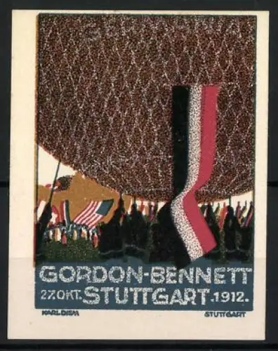 Reklamemarke Stuttgart, Gordon-Bennett 27. Okt. 1912, Gasballon und Flaggen