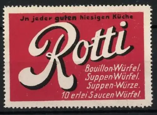 Reklamemarke Rotti Bouillon-Würfel, Schriftzug auf rotem Hintergrund