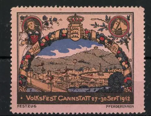 Reklamemarke Cannstatt, Volksfest 27.-30. Sept 1912, Stadtansicht und Wappen