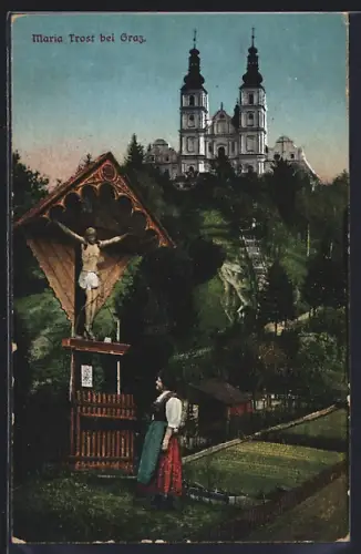 AK Maria Trost bei Graz, Kirche mit Flurkreuz