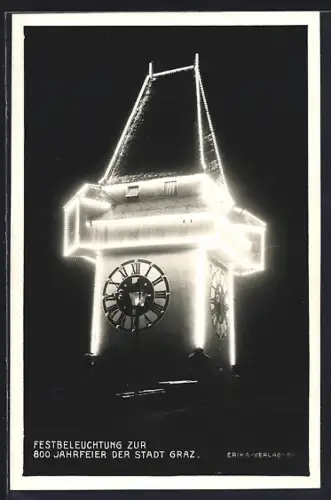 AK Graz, Festbeleuchtung des Uhrenturms zur 800 Jahrfeier der Stadt