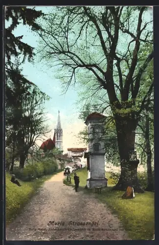 AK Maria Strassengel, Strassenpartie mit Kirche