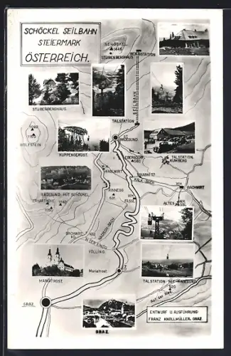 AK Schöckel /Steiermark, Panorama mit Rinnegg, Nadisch-Bach und Kirche Mariatrost, Kuppengerüst, Seilbahn
