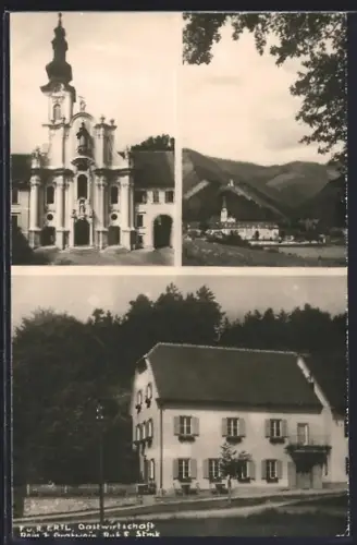 AK Gratwein, Rein, Gastwirtschaft von F. und R. Ertl, Kirche