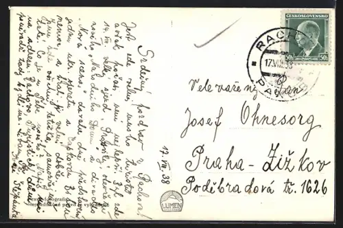 AK Rachov-Paxob, Totalansicht mit Bergpanorama aus der Vogelschau