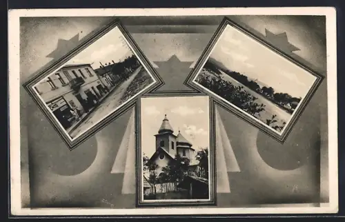 AK Nagybocsko, Kirche, Strassenpartie, Gewässerpartie