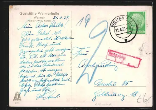 AK Weimar / Thüringen, Gasthaus Weimarhalle, Inh. Willy Köhler