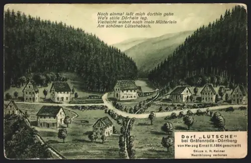 Künstler-AK Lütsche bei Gräfenroda-Dörrberg, Dorfansicht am Lütschebach