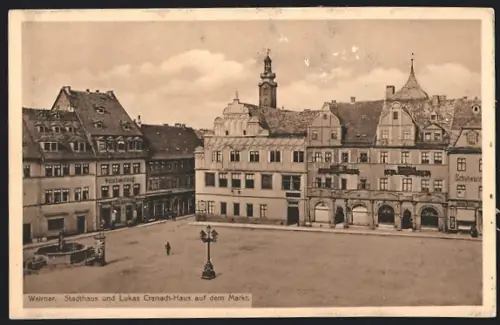 AK Weimar / Thüringen, Stadthaus und Lukas Cranach-Haus auf dem Markt