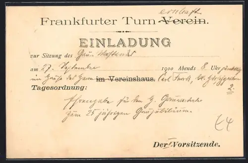 AK Frankfurt am Main, Einladung Frankfurter Turnverein Vereinshaus 1900