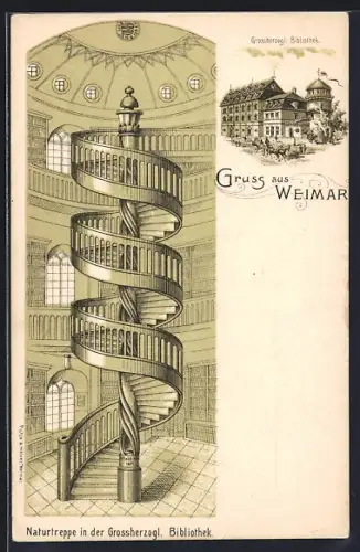 Lithographie Weimar / Thüringen, Naturtreppe, Grossherzogl. Bibliothek