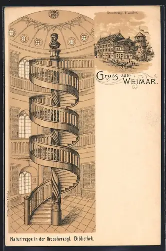 Lithographie Weimar / Thüringen, Naturtreppe und Gebäude der Grossherzogl. Bibliothek