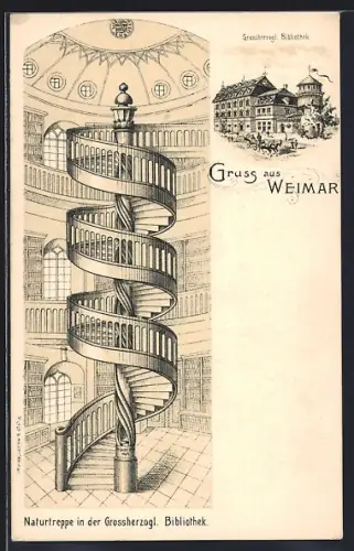 Lithographie Weimar / Thüringen, Naturtreppe, Grossherzogl. Bibliothek