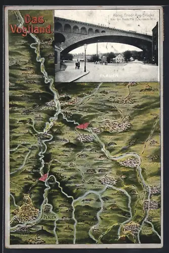 AK Plauen / Vogtland, König-Friedrich-August-Brücke, Stadtansicht, Vogtland-Karte