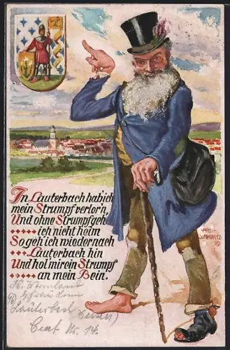 AK Lauterbach / Hessen, Strumpfgedicht, Stadtansicht, Wappen