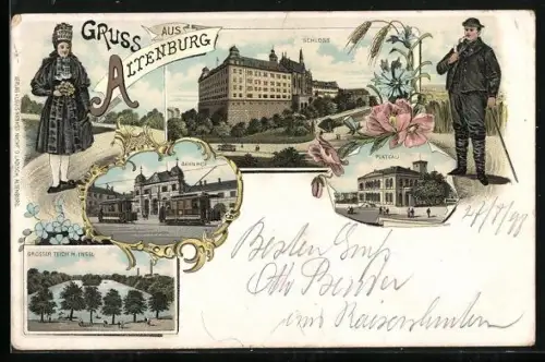 Lithographie Altenburg / S.-A., Schloss, Bahnhof, Plateau, Grosser Teich mit Insel