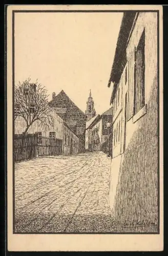 Künstler-AK Schneeberg / Sa., Strassenpartie mit Blick auf Kirche