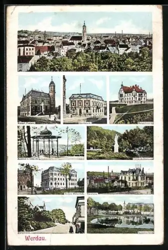 AK Werdau / Sachsen, Reichsbank, Bürgerhospital, Schwanenteich