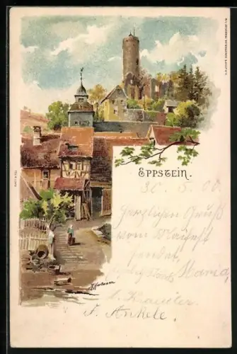 Künstler-Lithographie sign. A. Hartmann: Eppstein / Taunus, Ortspartie mit Turm