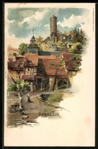 Künstler-AK Eppstein / Taunus, Ortspartie mit Blick auf die Burg