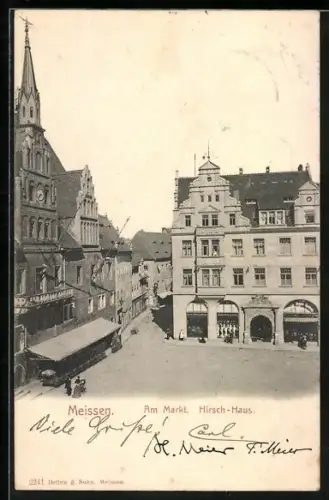 AK Meissen / Elbe, Am Markt mit Hirsch-Haus und Rathskeller