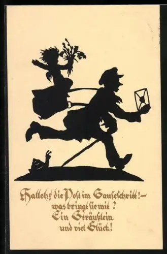 Künstler-AK Postbote rennt mit einem Engel auf seiner Tasche