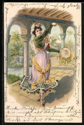 Lithographie Tanzende Dame mit Schelle und Trommel