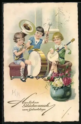 Künstler-AK Kinder musizieren mit Trommel