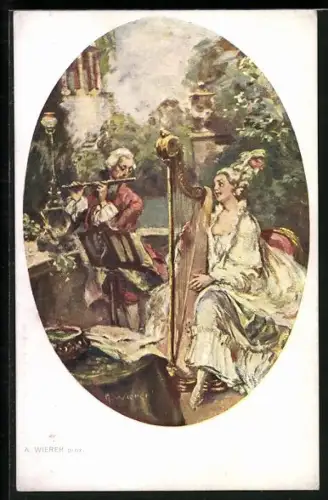 Künstler-AK Paar in Rococo Kleidung spielt Querflöte und Harfe