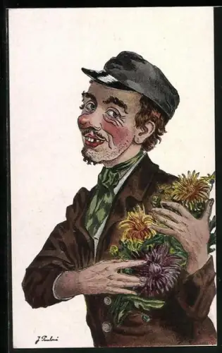 Künstler-AK Mann mit einem Strauss Blumen