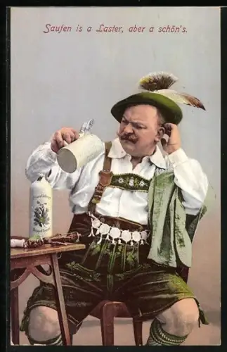 AK Mann guckt verwirrt in seinen leeren Krug, Saufen is a Last, aber a schön`s